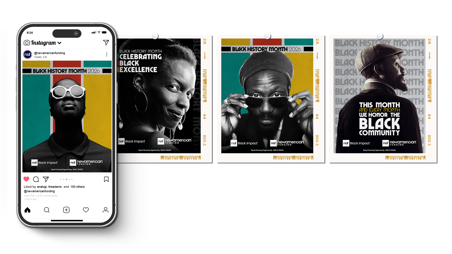 naf-2026_NBI-BlackHistoryMonth_social_mocks__1920 x 1080 Mockup of social media images celebrating Black History Month 2026 for New American Funding and NAF Black Impact.