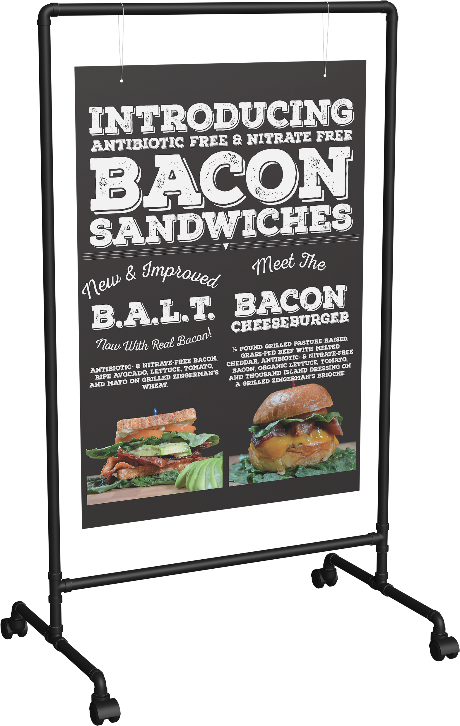 A poster with a picture of a burger and bacon, avocado, lettuce, and tomato sandwiches
